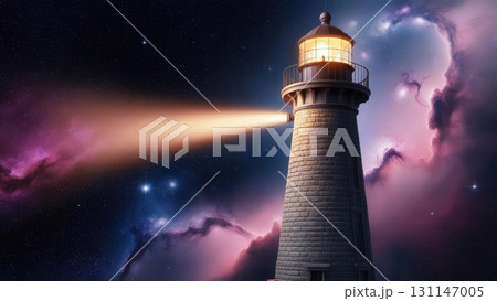 Lighthouse Beaming Through Galaxy Sky with Stars and Nebula in Fantasy Night Scene 131147005