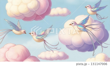 Whimsical pastel birds flying among soft fluffy clouds in a dreamy fantasy sky Whimsical pastel birds flying among soft fluffy clouds in a dreamy fantasy sky 131147006