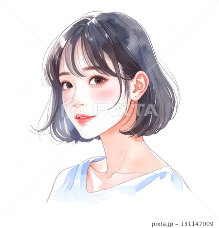 振り向く若い女性 水彩画風 振り向く若い女性 水彩画風 131147009