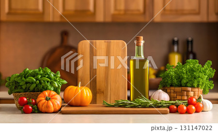 Colorful vegetables and herbs on a kitchen counter ready for cooking 131147022