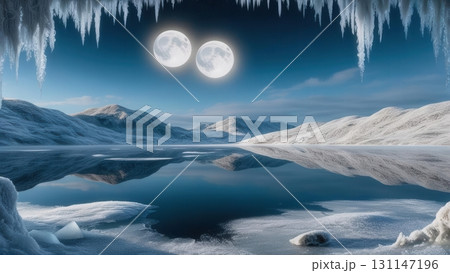 Surreal Frozen Lake Landscape Under Twin Full Moons With Ice Formations and Starry Sky 131147196