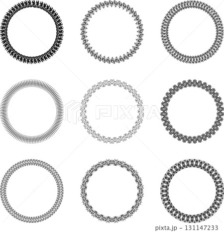 Set of 9 round vector vintage black frames on white background. Set of 9 round vector vintage black frames on white background. 131147233