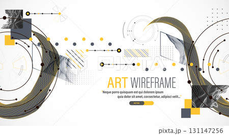 Minimal abstract composition with wireframe waves, geometric shapes, dots, and lines. 131147256