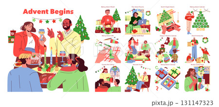 Illustrative depiction of people engaging in various festive activities to prepare for Advent. Elements include wreaths, gifts, calendars, and decorations enhancing the holiday spirit. 131147323