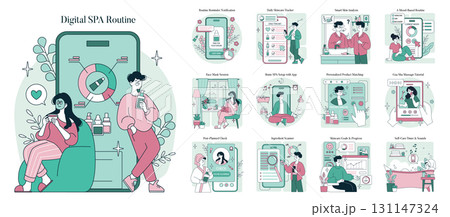 Vector illustration showcasing a digital spa routine with app features including routine reminders, skincare tracking, and massage tutorials. Includes characters engaging with digital skincare tools. 131147324