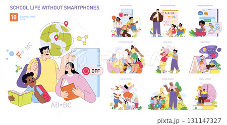 Vector illustration pack depicting school activities without smartphones, focusing on classroom engagement, peer interaction, and outdoor learning. Ideal for educational concepts. 131147327