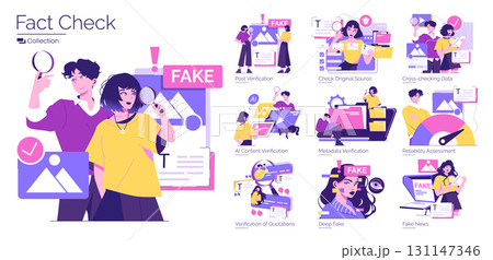 Vector illustration showing various steps in fact-checking, including data verification, metadata analysis, and fake news detection. People analyzing information using digital tools. 131147346