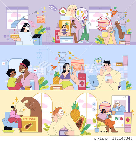 Colorful vector illustration depicting diverse individuals engaging in skincare routines using facial peeling products. Scenes highlight self-care, family interactions, and relaxed enjoyment. Colorful vector illustration depicting diverse individuals engaging in skincare routines using facial peeling products. Scenes highlight self-care, family interactions, and relaxed enjoyment. 131147349