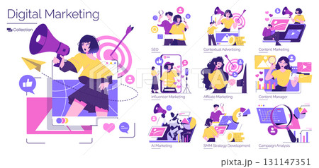 Digital marketing vector illustration showcasing diverse strategies like SEO, influencer marketing, and AI marketing, highlighting creative and analytical actions in a vibrant style. 131147351