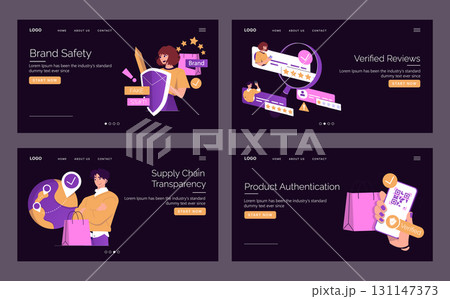 Set of vector illustrations depicting brand safety, verified reviews, supply chain transparency, and product authentication. Icons and elements focus on digital security themes. Set of vector illustrations depicting brand safety, verified reviews, supply chain transparency, and product authentication. Icons and elements focus on digital security themes. 131147373