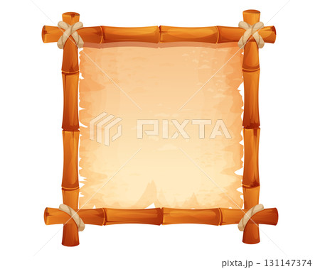 Bamboo frame with empty parchment with rope. Themed projects game ui border, menu. Old paper textured, bamboo border. 131147374