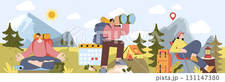Vector illustration of people enjoying outdoor activities. One person meditates, another uses binoculars, and the third relaxes by a tent. Mountains and trees create a scenic backdrop. 131147380