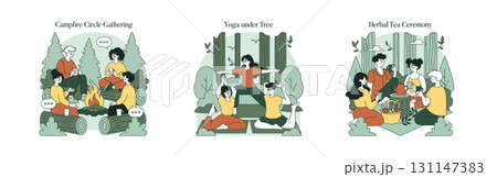 Vector illustration of a group enjoying a campfire surrounded by trees, engaging in relaxed conversation. The scene captures the warmth and camaraderie of the gathering. Vector illustration of a group enjoying a campfire surrounded by trees, engaging in relaxed conversation. The scene captures the warmth and camaraderie of the gathering. 131147383