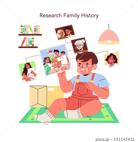 Child sitting on the floor analyzing family tree photos, exploring genealogy. Books and pictures surround him, highlighting interest in his heritage. Vector illustration. Child sitting on the floor analyzing family tree photos, exploring genealogy. Books and pictures surround him, highlighting interest in his heritage. Vector illustration. 131147432