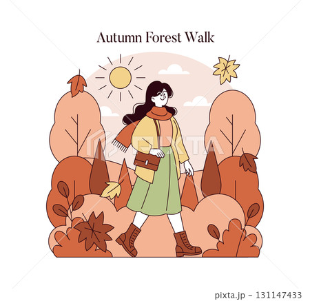 Vector illustration of a woman enjoying an autumn walk in a forest. She is dressed warmly with a scarf and boots, walking amidst vibrant fall foliage under a sunny sky. 131147433