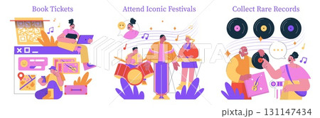 Vector illustration showing people booking tickets online, attending a music festival, and collecting vinyl records. Characters are engaged and interacting joyfully with music elements. Vector illustration showing people booking tickets online, attending a music festival, and collecting vinyl records. Characters are engaged and interacting joyfully with music elements. 131147434