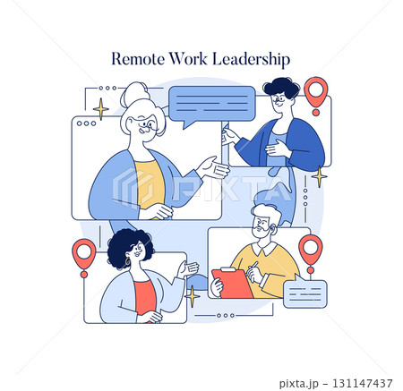 Illustration depicting remote work leadership with diverse individuals engaged in virtual communication. Includes speech bubbles, location markers, and digital devices. Perfect for concepts of 131147437
