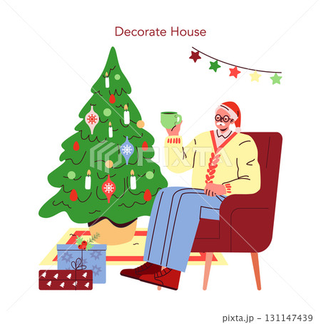 Vector illustration of a man sitting by a decorated Christmas tree, holding a mug. The scene depicts holiday decorations and gifts, highlighting a cozy and festive atmosphere. Vector illustration of a man sitting by a decorated Christmas tree, holding a mug. The scene depicts holiday decorations and gifts, highlighting a cozy and festive atmosphere. 131147439