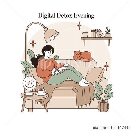 Vector illustration of a woman enjoying a digital detox evening, relaxing on a couch with a cat and a book. The scene conveys a peaceful atmosphere with a focus on relaxation. Vector illustration of a woman enjoying a digital detox evening, relaxing on a couch with a cat and a book. The scene conveys a peaceful atmosphere with a focus on relaxation. 131147445