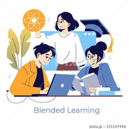 Blended learning concept vector illustration showing three people engaged in collaborative educational activities. One person uses a laptop, another reads a book, and a third holds an educational Blended learning concept vector illustration showing three people engaged in collaborative educational activities. One person uses a laptop, another reads a book, and a third holds an educational 131147448