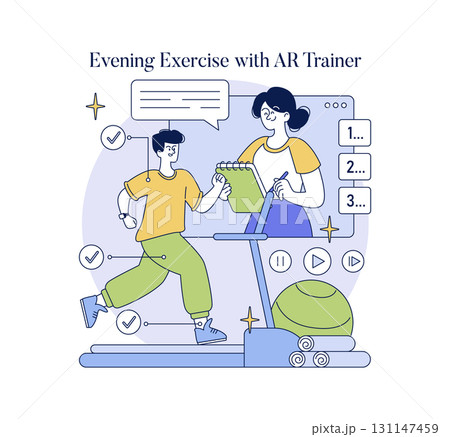 Vector illustration of a person engaged in an interactive evening exercise session with an augmented reality trainer. Features virtual coaching elements like a checklist and play controls. 131147459