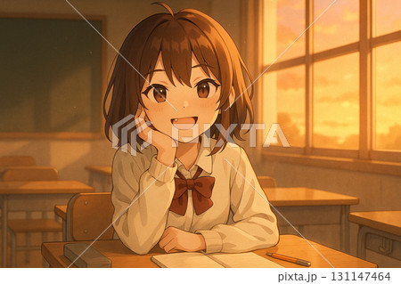 夕暮れの教室で微笑むセーラー服の美少女 131147464