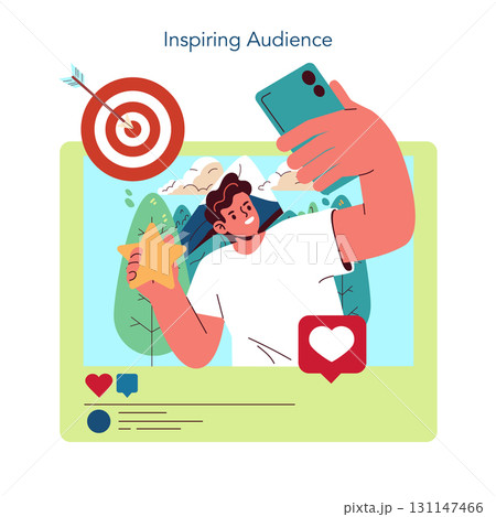 Vector illustration of a man holding a smartphone and smiling while capturing a selfie. He holds a star icon as notifications of likes and comments appear, symbolizing social media interaction. Vector illustration of a man holding a smartphone and smiling while capturing a selfie. He holds a star icon as notifications of likes and comments appear, symbolizing social media interaction. 131147466