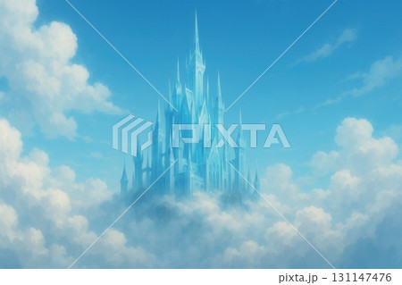 Majestic Fantasy Castle Floating Among Clouds in Bright Blue Sky with Dreamy and Magical Atmosphere 131147476