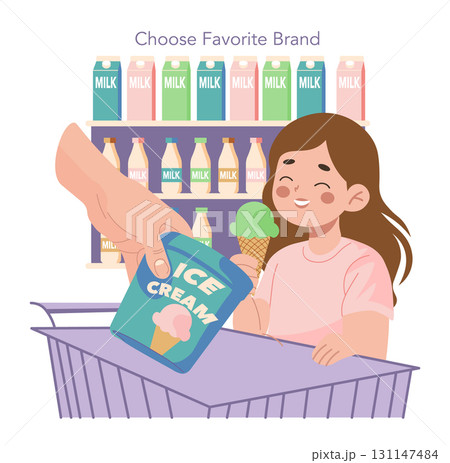 Vector illustration of a smiling child holding an ice cream cone in a supermarket. A hand is putting an ice cream tub into a shopping cart. Milk cartons are displayed on shelves. 131147484