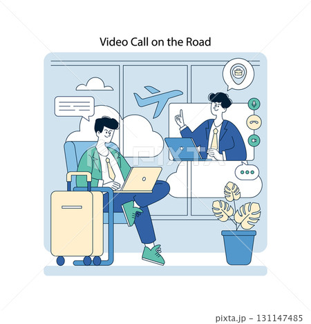 Vector illustration of two business travelers in an airport lounge, engaged in a video call on their laptops. One traveler is seated with a suitcase, depicting mobile work. Vector illustration of two business travelers in an airport lounge, engaged in a video call on their laptops. One traveler is seated with a suitcase, depicting mobile work. 131147485
