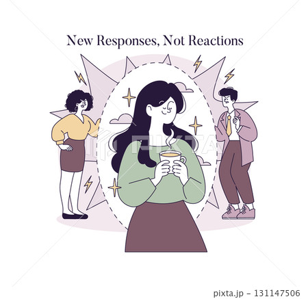 Vector illustration of a calm woman enjoying a cup of coffee while two people around her express tension and distress. The scene emphasizes maintaining serenity in the face of conflict. 131147506
