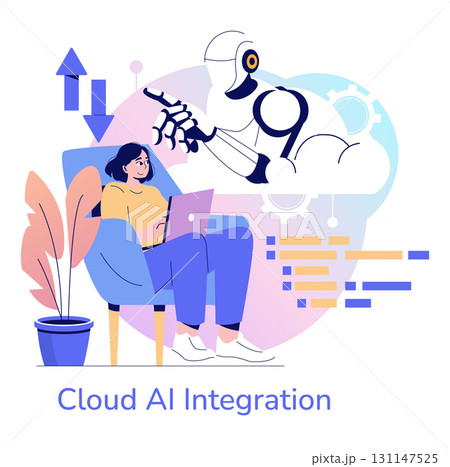 Vector illustration of a person interacting with a digital robot hand from a cloud interface while working on a laptop. Concept shows cloud AI integration and technology connection. 131147525