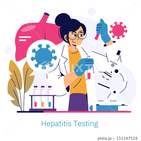 Vector illustration featuring a scientist wearing gloves and examining a test tube related to hepatitis testing. Includes liver and virus symbols for medical context. Vector illustration featuring a scientist wearing gloves and examining a test tube related to hepatitis testing. Includes liver and virus symbols for medical context. 131147528