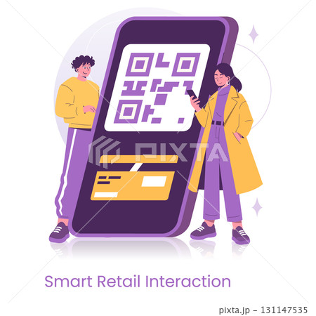 Vector illustration depicting two people interacting with a giant smartphone displaying a QR code and credit card, showcasing smart retail technology and digital payment methods. 131147535
