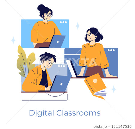 Vector illustration showing individuals participating in a digital classroom setting, engaging with each other via laptops. Represents online education and remote learning communication. Vector illustration showing individuals participating in a digital classroom setting, engaging with each other via laptops. Represents online education and remote learning communication. 131147536