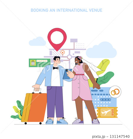 Vector illustration of a happy couple booking an international wedding venue online. The scene includes travel icons like a suitcase, map, and plane ticket, symbolizing a destination wedding. 131147540