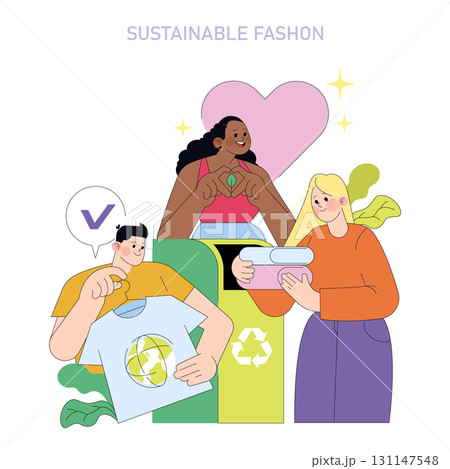 Vector illustration highlighting sustainable fashion practices. People interact with recycling bins, exchanging eco-friendly garments, and promoting environmental consciousness through positive Vector illustration highlighting sustainable fashion practices. People interact with recycling bins, exchanging eco-friendly garments, and promoting environmental consciousness through positive 131147548