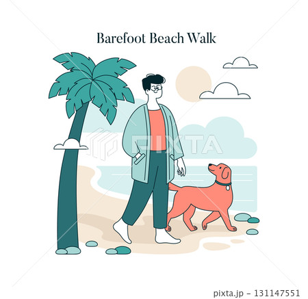 Person walking barefoot on a beach with a dog, enjoying a tranquil seaside setting. The relaxed scene features a palm tree and ocean backdrop in a playful vector illustration style. 131147551