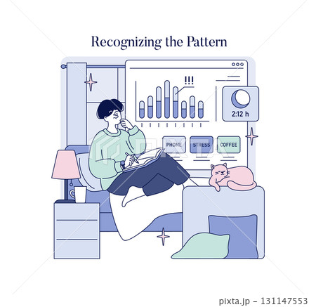 Person sitting with notebook, analyzing data on a screen with charts and keywords like phone and stress. Calm environment with a sleeping cat nearby, depicted in vector style. 131147553