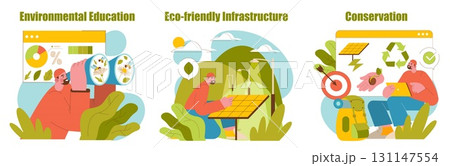Vector illustration showcasing environmental education, eco-friendly infrastructure, and conservation. A person examines data and interacts with sustainable energy solutions in a nature-inspired 131147554