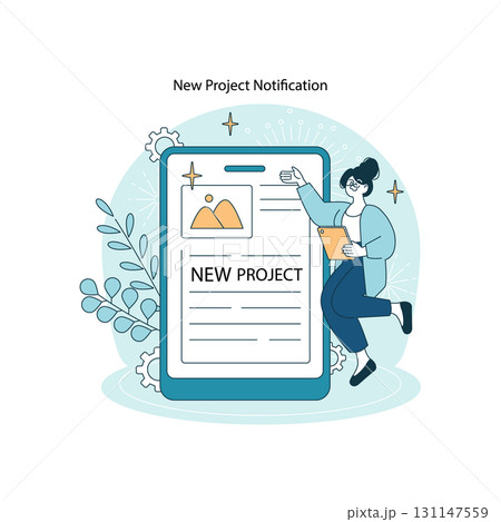 Vector illustration of a happy person receiving a new project notification on a digital device. The individual holds a tablet, expressing excitement and positivity in the workplace. 131147559