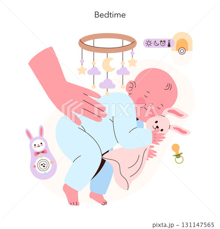Vector illustration of a sleepy baby comfortably lying down with a comforting hand nearby. The baby is surrounded by bedtime essentials, conveying a sense of peace and security. Vector illustration of a sleepy baby comfortably lying down with a comforting hand nearby. The baby is surrounded by bedtime essentials, conveying a sense of peace and security. 131147565