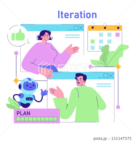 Vector illustration depicting a team collaborating on software development. Features diverse team members discussing iterative planning with digital tools and a friendly robot assistant. Vector illustration depicting a team collaborating on software development. Features diverse team members discussing iterative planning with digital tools and a friendly robot assistant. 131147575