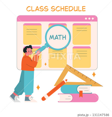 Child examines class schedule focusing on math subject. Vector illustration features an educational theme, including books, a magnifying glass, a pencil, and a ruler. 131147586