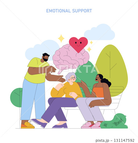 Vector illustration depicting an emotional support interaction among diverse people outdoors. Features friendly and positive engagement, emphasizing mental health and empathy. 131147592