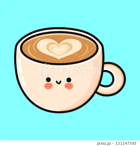 Cute smiling coffee cup with heart latte art 131147593