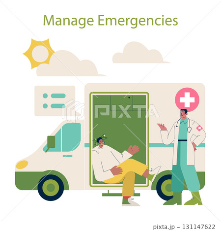 Vector illustration of a doctor and patient at an ambulance during a medical emergency. The patient is sitting with injured expressions while the doctor offers assistance. 131147622