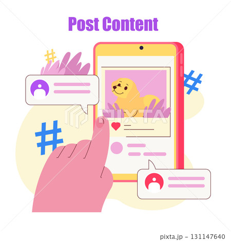Colorful vector illustration of a hand interacting with a mobile device displaying a cute dog post, highlighting social media engagement through likes and comments. Colorful vector illustration of a hand interacting with a mobile device displaying a cute dog post, highlighting social media engagement through likes and comments. 131147640