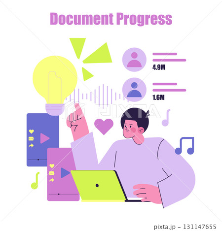 Colorful vector illustration of a person analyzing document progress with charts and icons. Engaged in digital analytics and growth tracking, showcasing interactive digital tools. Colorful vector illustration of a person analyzing document progress with charts and icons. Engaged in digital analytics and growth tracking, showcasing interactive digital tools. 131147655