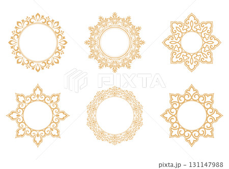 Set of decorative frames Elegant vector element for design in Eastern style, place for text. Floral golden and white borders. Lace illustration for invitations and greeting cards Set of decorative frames Elegant vector element for design in Eastern style, place for text. Floral golden and white borders. Lace illustration for invitations and greeting cards 131147988